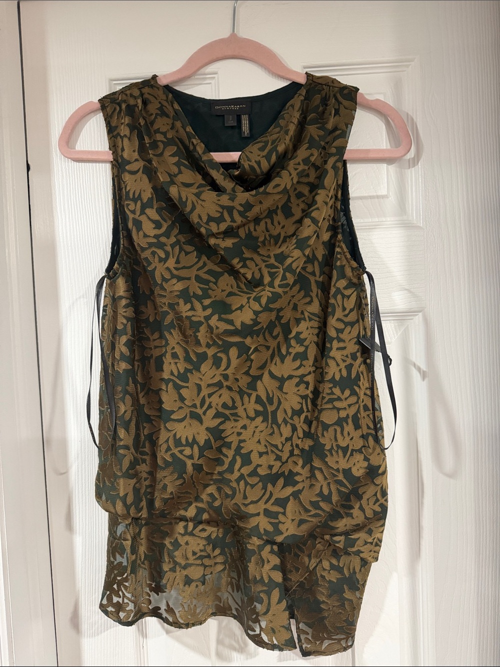 Donna Karan Sleeveless Green & Brown Leaf-Print Draped Neck Top S